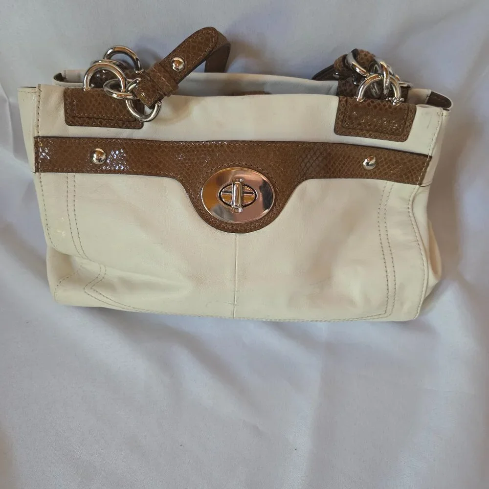 Coach Leather Purse | Cream & Brown Snake-Embossed Trim | Silver Hardware - Picture 1 of 13